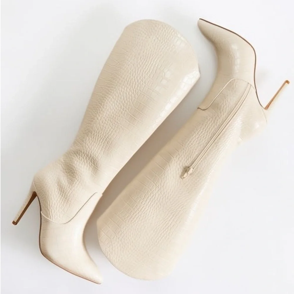 SHOEDAZZLE Women Paige Stiletto Beige Knee-High Boots Crock Embossed Size 10 New - Picture 5 of 14